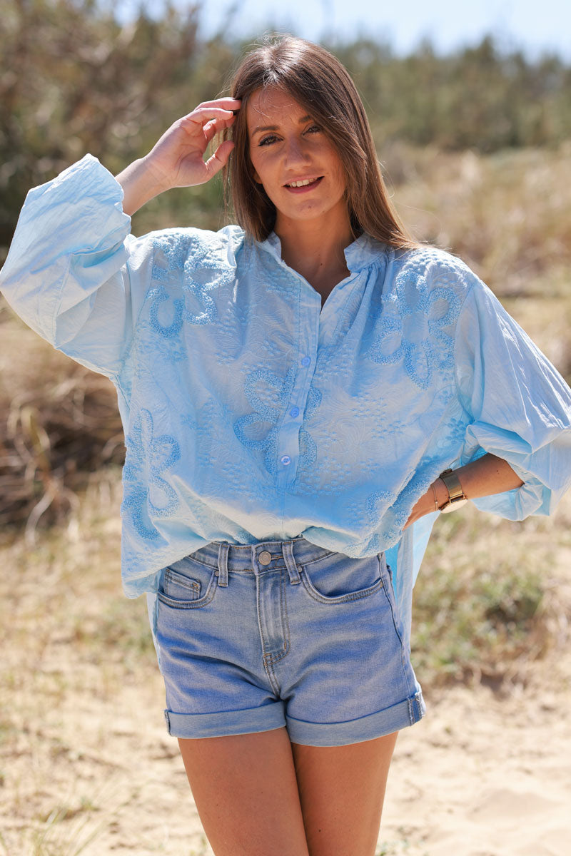 Light Blue Gauze Boucle Embroidered Blouse
