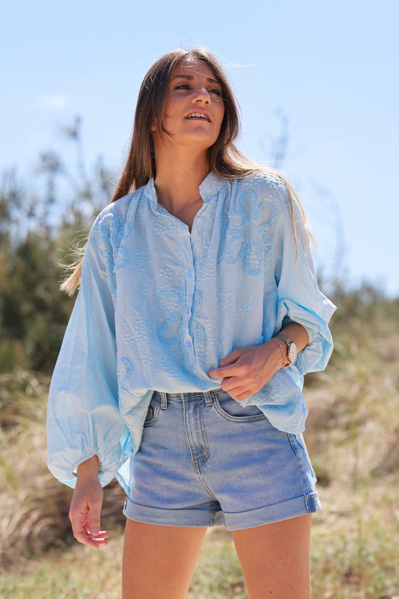 Light Blue Gauze Boucle Embroidered Blouse