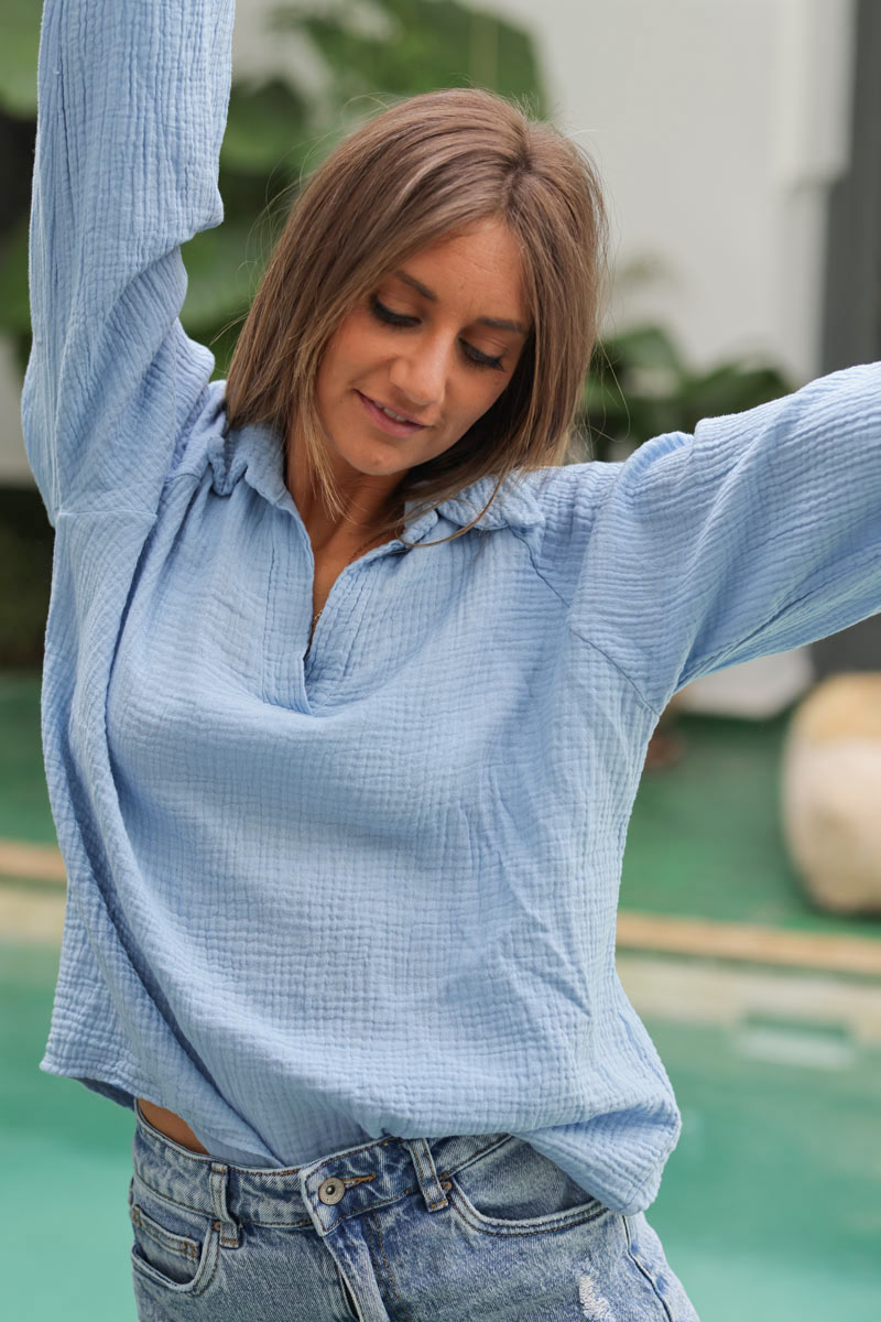 Tunique bleu ciel en gaze de coton col chemise