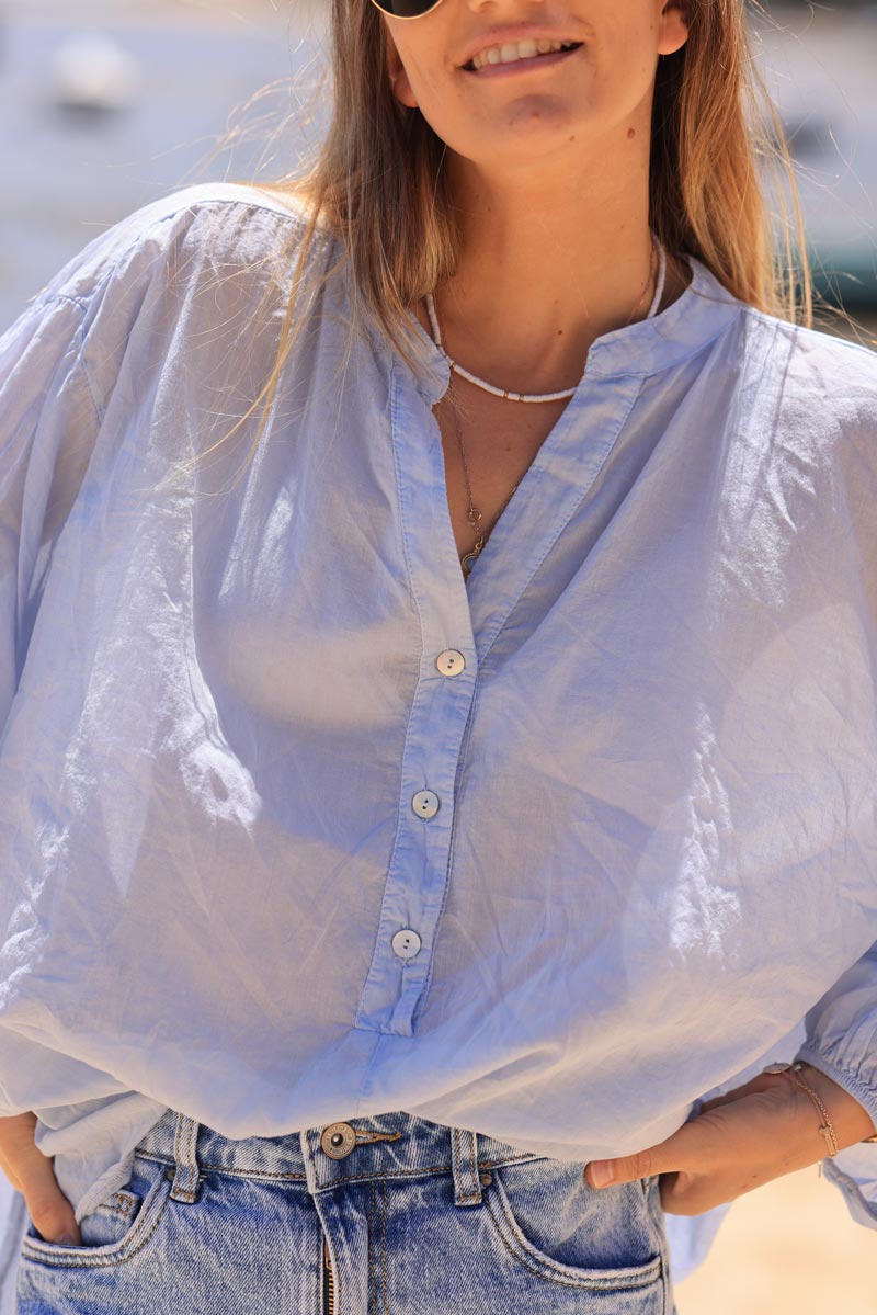 Sky blue lightweight cotton blouse with mother of pearl button collar