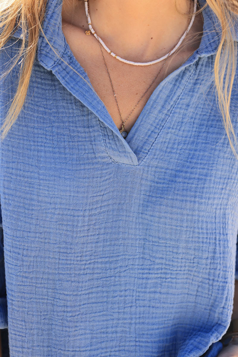 Dusty blue shirt style v-neck crinkle cotton gauze blouse