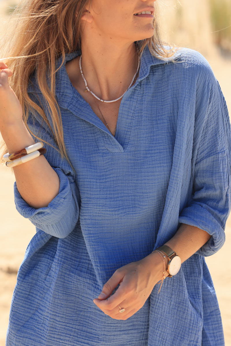 Dusty blue shirt style v-neck crinkle cotton gauze blouse