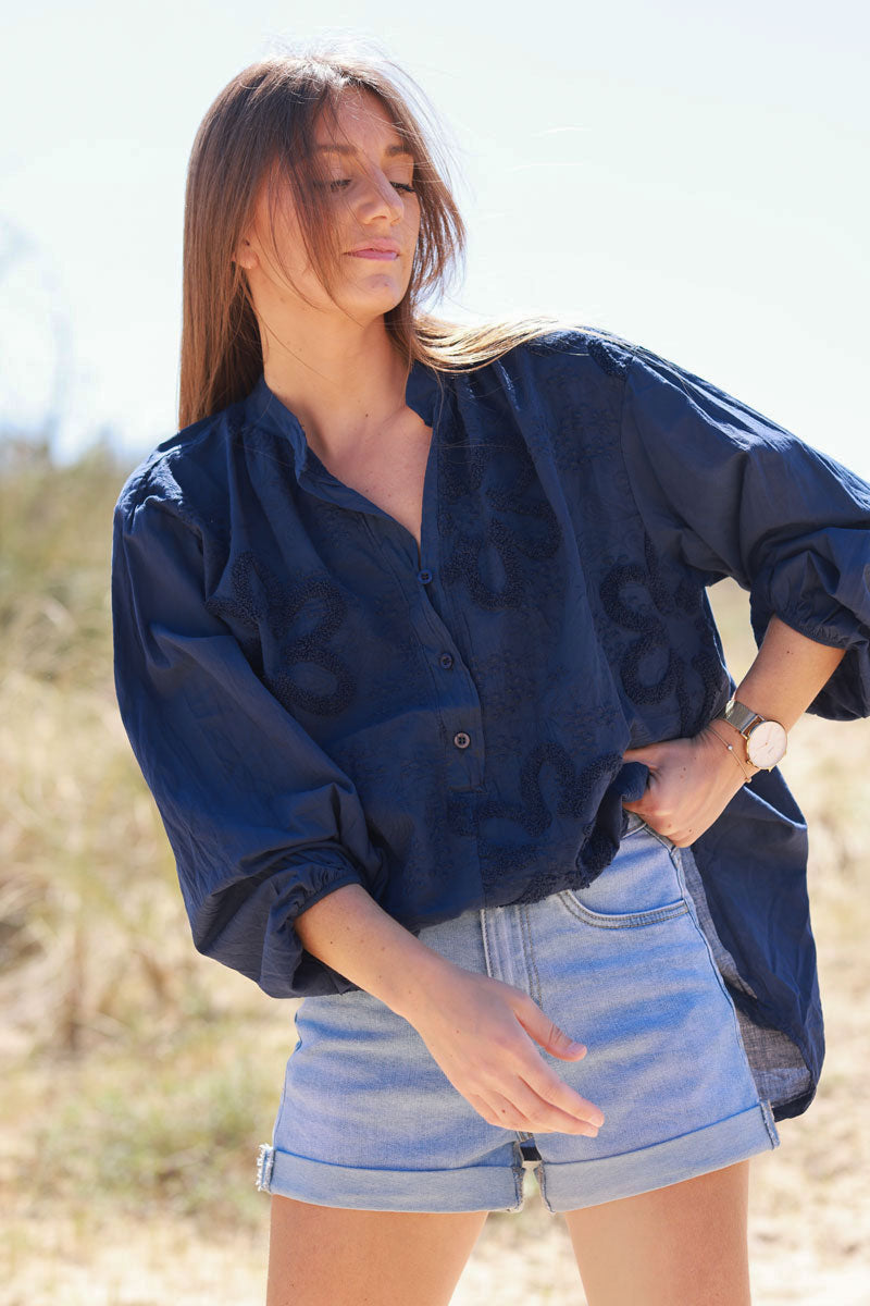 Navy Blue Gauze Boucle Embroidered Blouse
