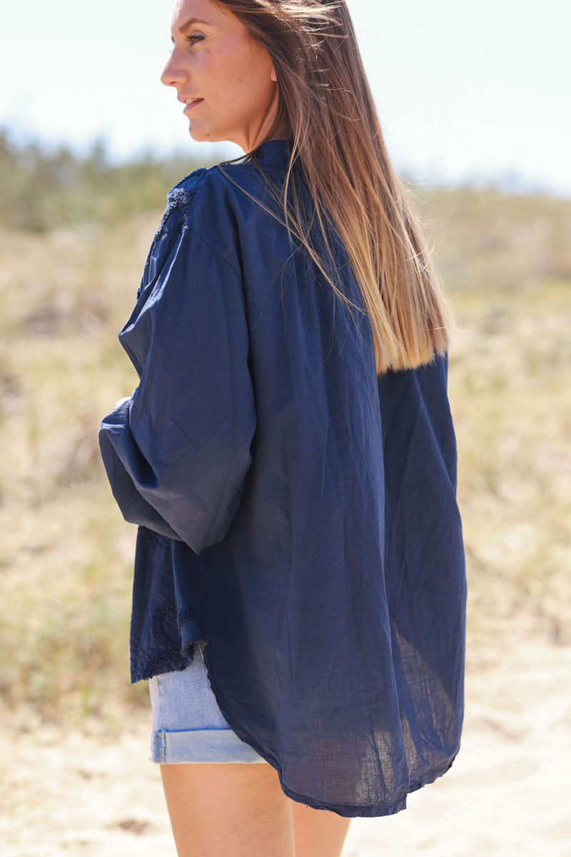 Navy Blue Gauze Boucle Embroidered Blouse