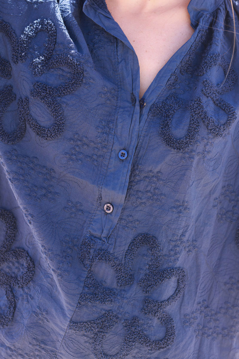 Navy Blue Gauze Boucle Embroidered Blouse