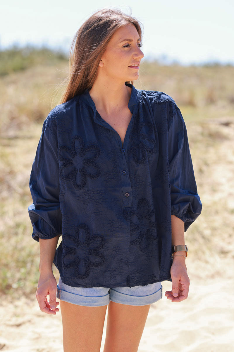 Navy Blue Gauze Boucle Embroidered Blouse