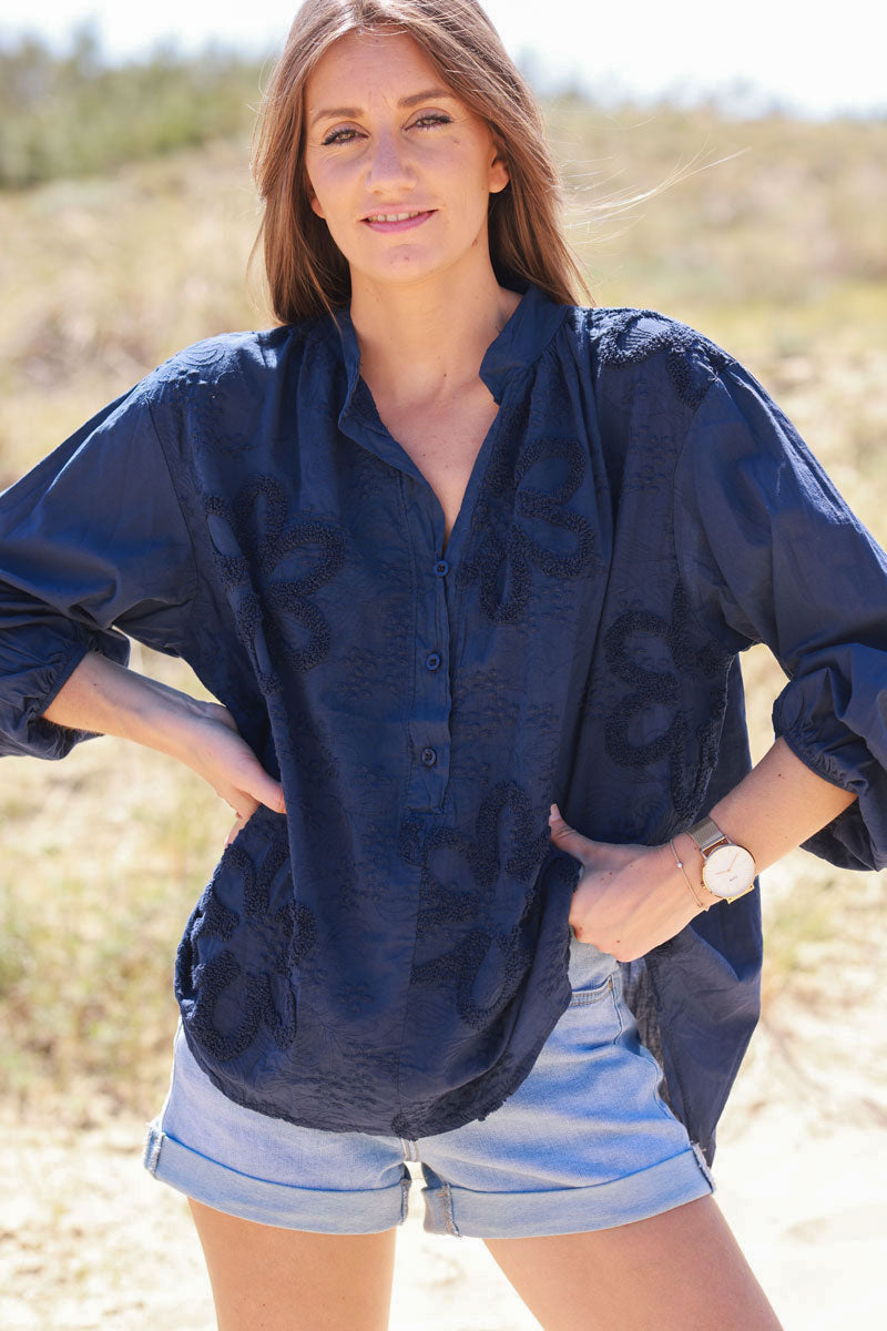 Navy Blue Gauze Boucle Embroidered Blouse