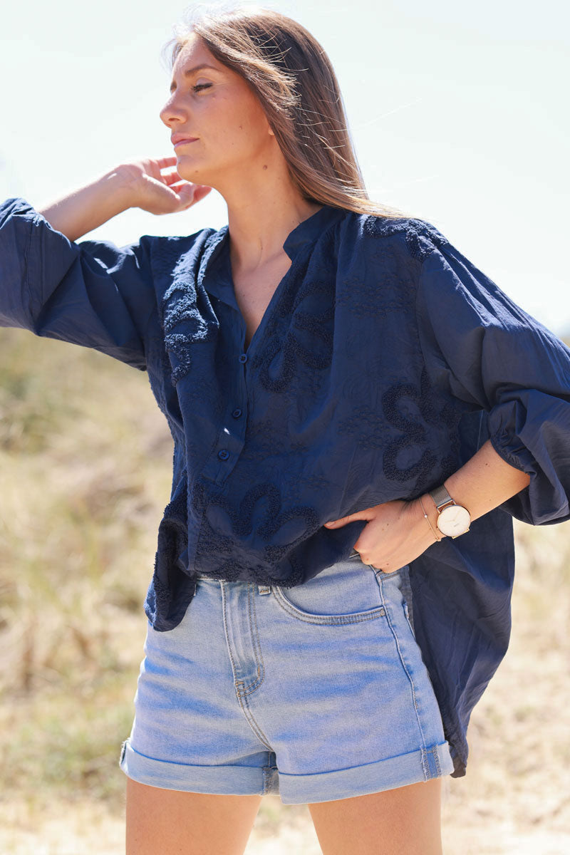 Navy Blue Gauze Boucle Embroidered Blouse