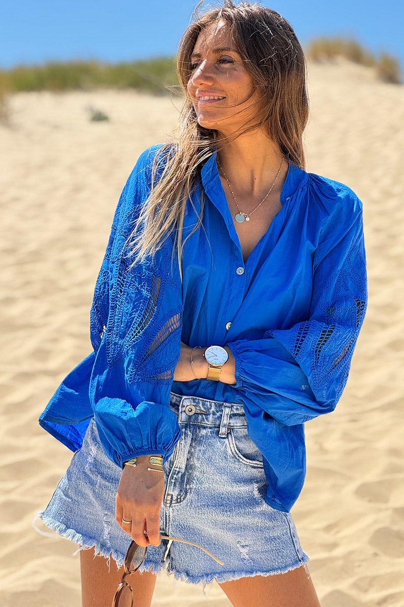 Royal blue Lotus Sleeve Poplin Blouse