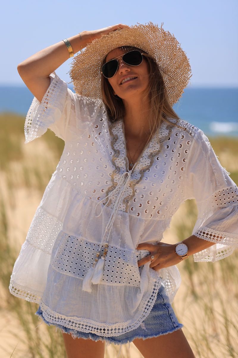 Bohemian off-white blouse with broderie anglaise and tassels