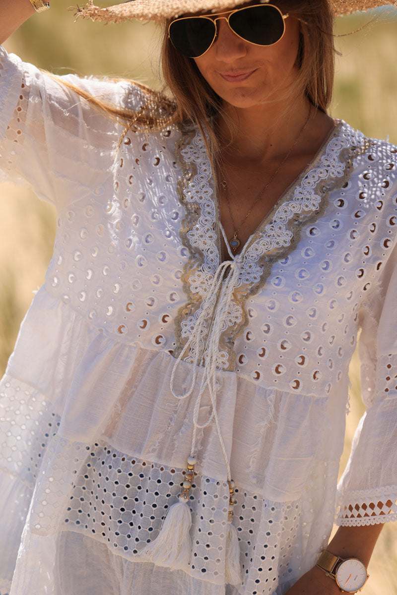Bohemian off-white blouse with broderie anglaise and tassels
