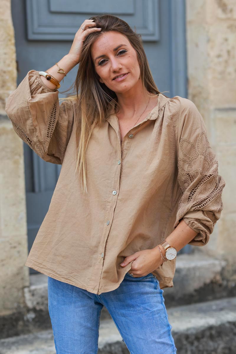 Camel blouse with open crochet sleeves