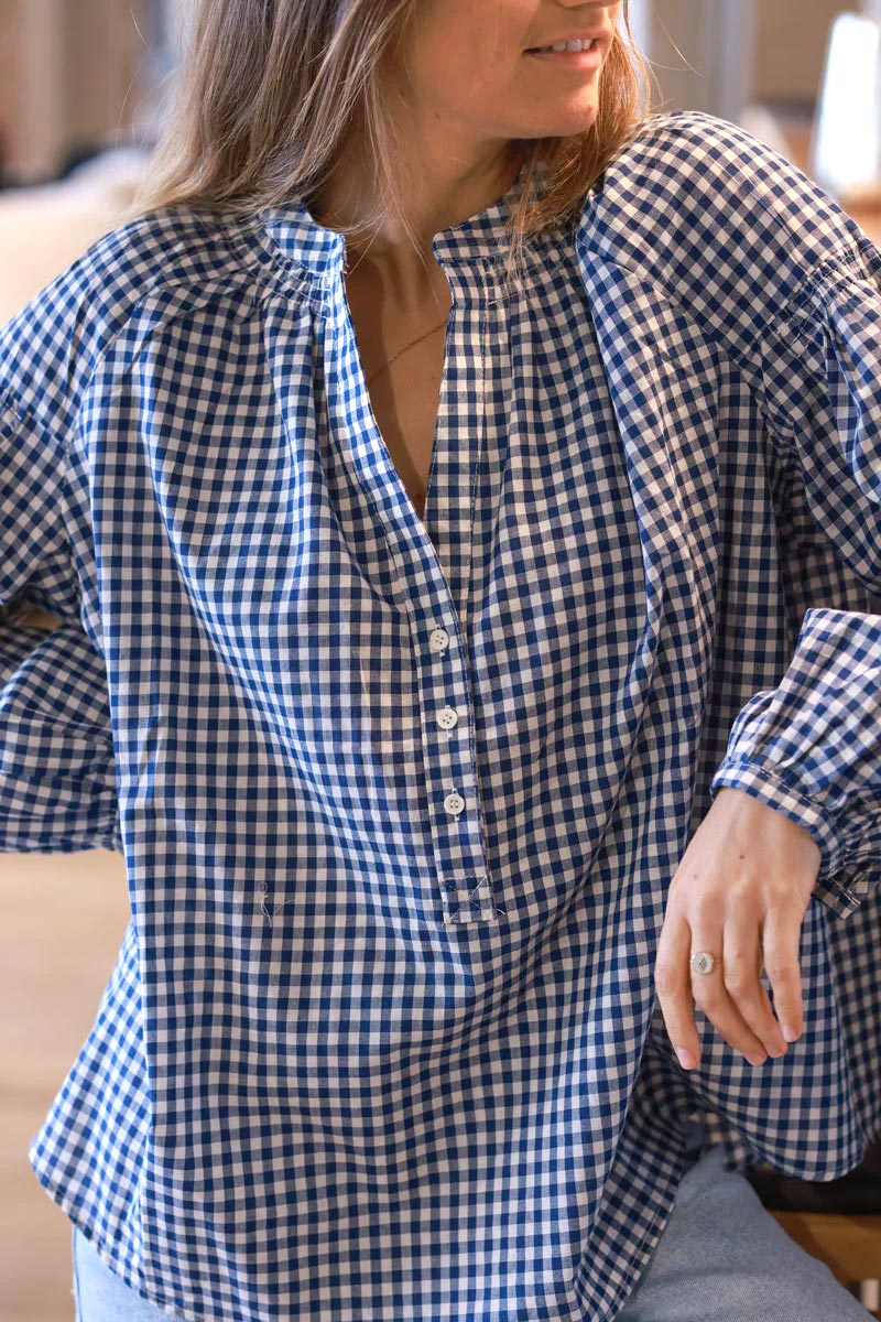 Blue Gingham Cotton Peasant Blouse