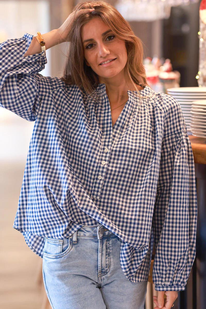 Blue Gingham Cotton Peasant Blouse