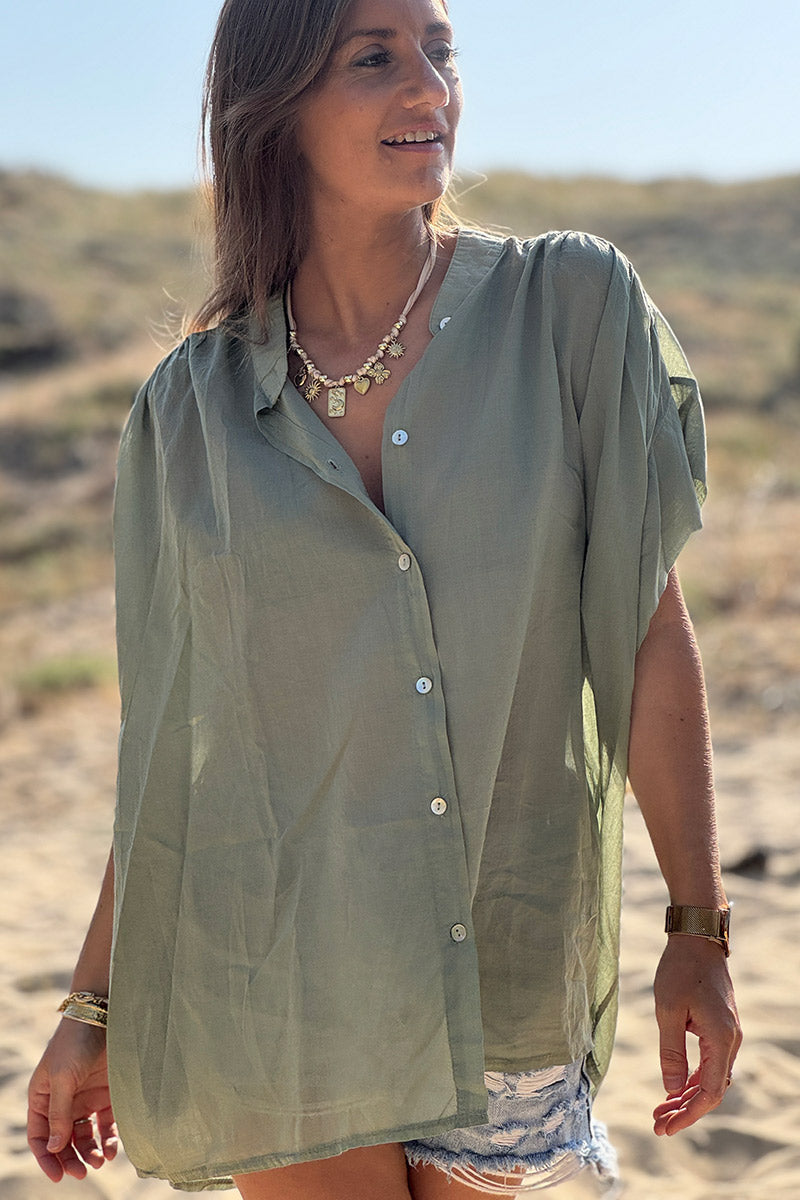 Tunique chemise large et légère kaki en voile de coton petites manches