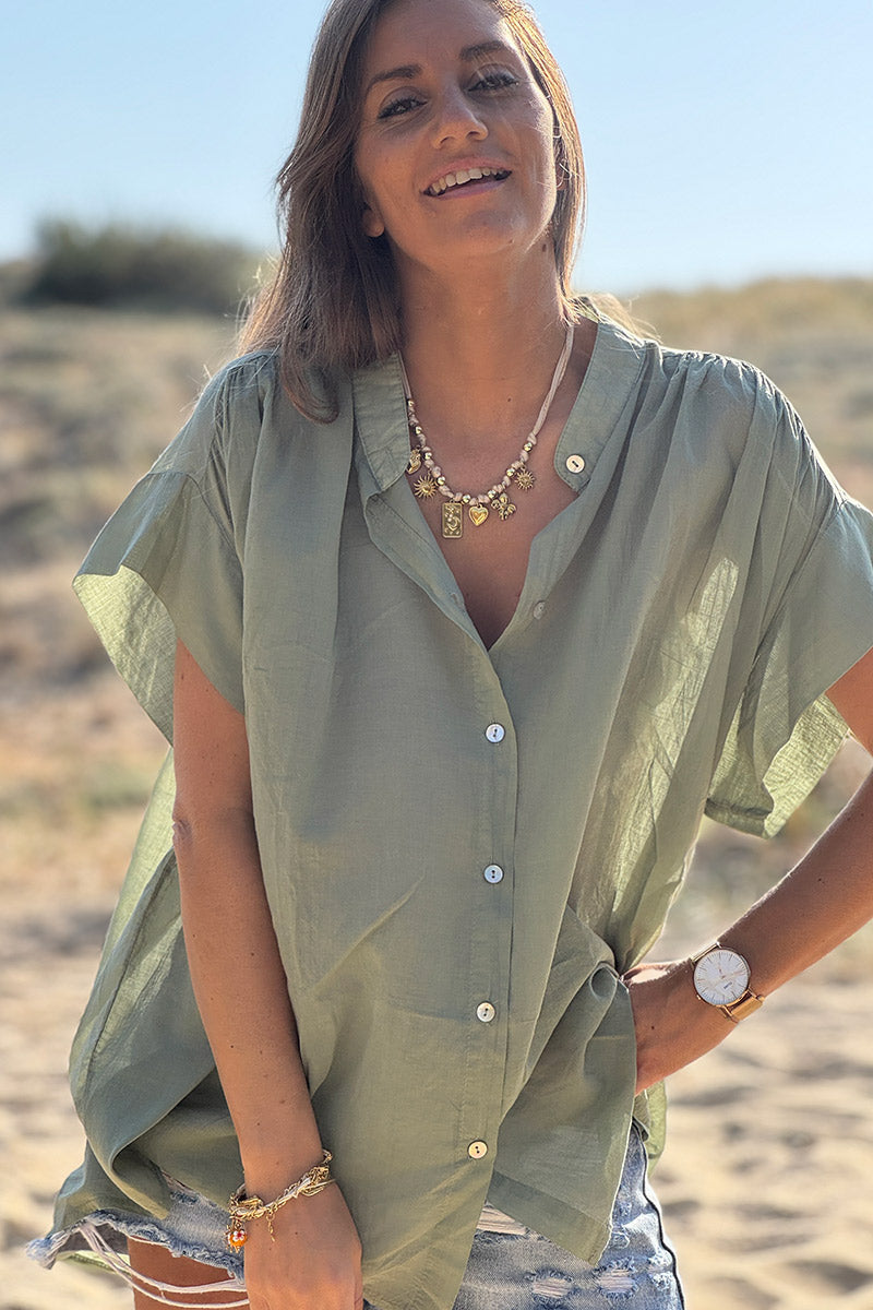 Tunique chemise large et légère kaki en voile de coton petites manches