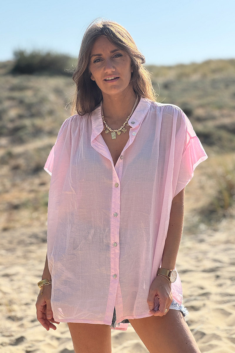 Tunique chemise large et légère rose pâle en voile de coton petites manches