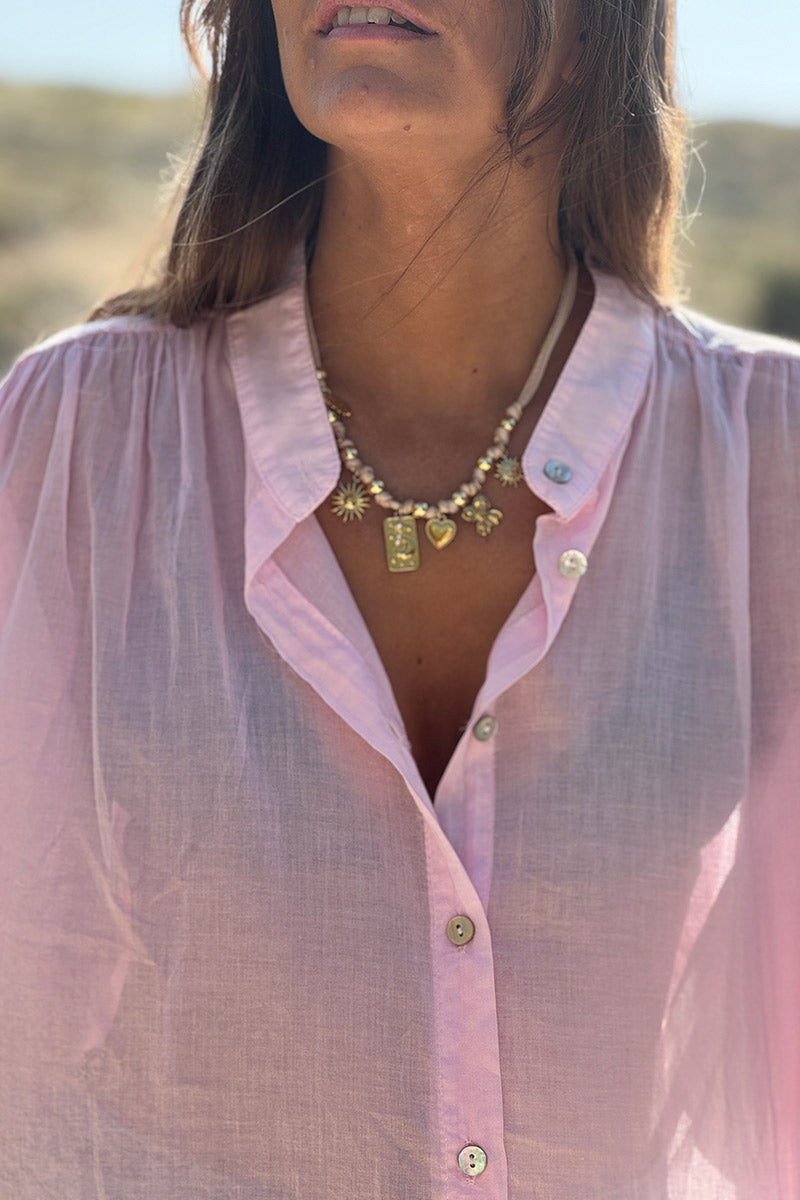 Tunique chemise large et légère rose pâle en voile de coton petites manches