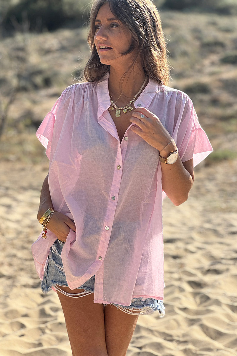 Tunique chemise large et légère rose pâle en voile de coton petites manches