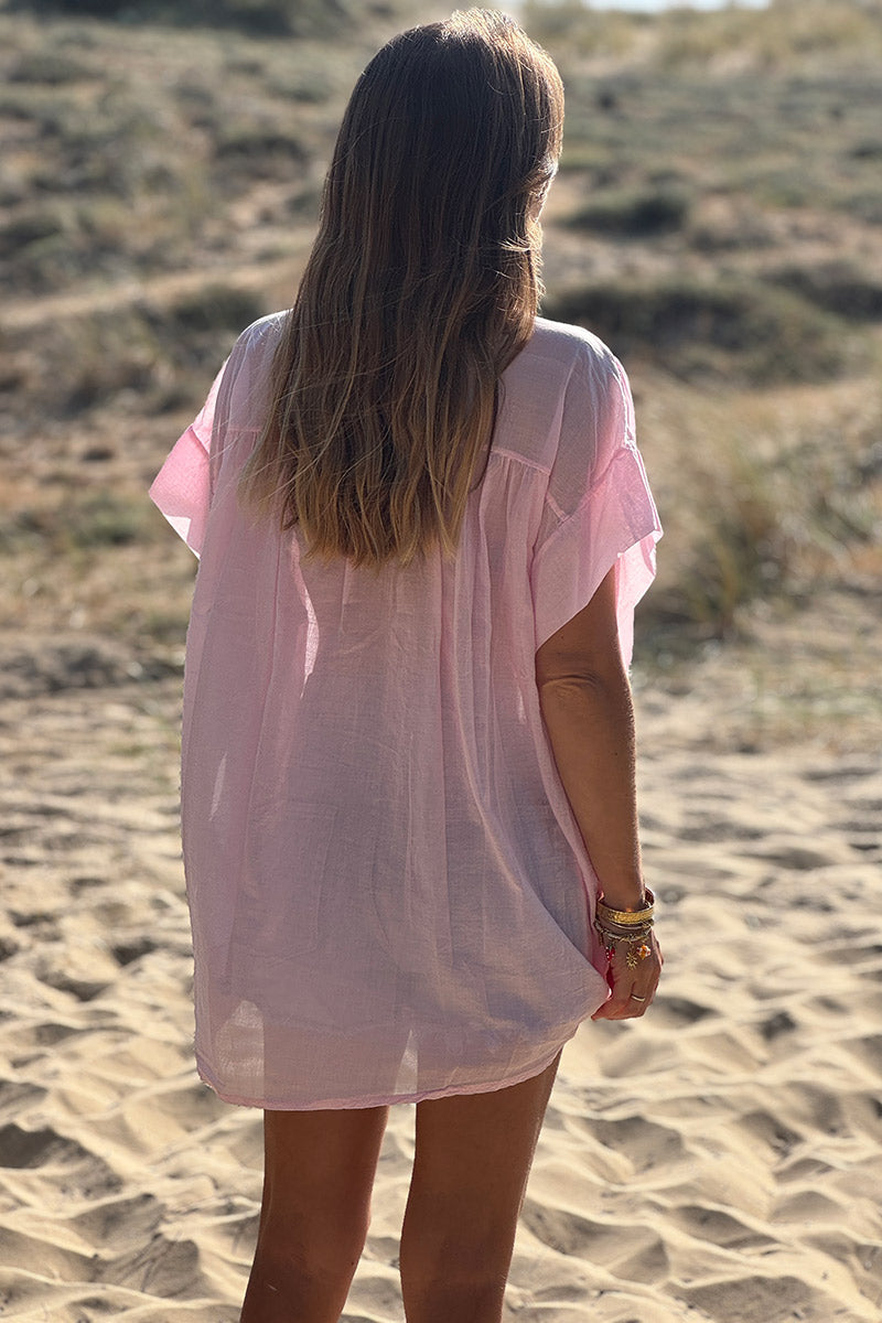 Tunique chemise large et légère rose pâle en voile de coton petites manches