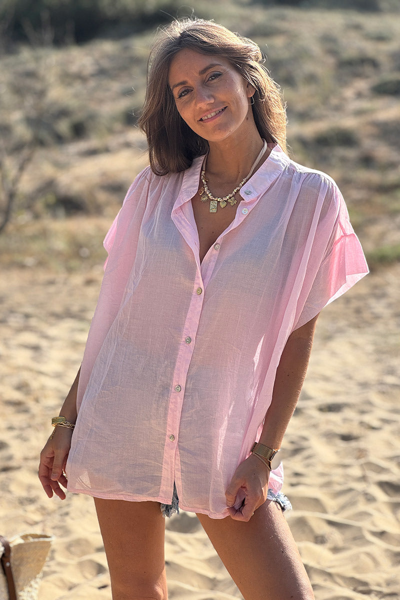 Tunique chemise large et légère rose pâle en voile de coton petites manches