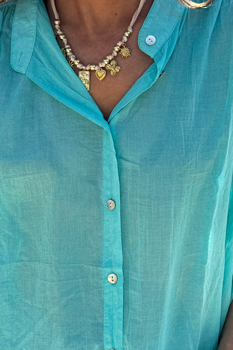 Tunique chemise large et légère turquoise en voile de coton petites manches