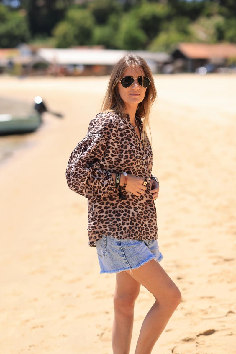 Leopard print blouse with button-up collar