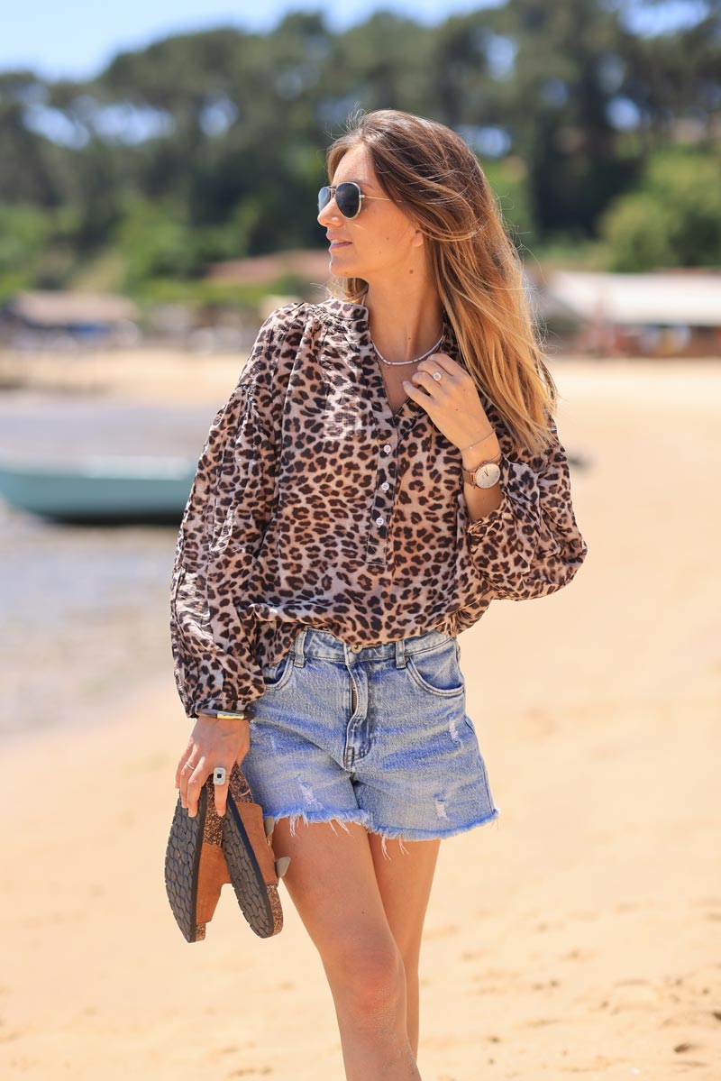 Leopard print blouse with button-up collar