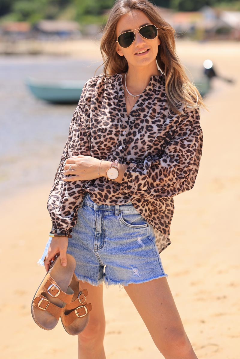 Leopard print blouse with button-up collar