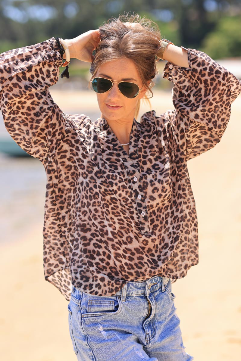 Leopard print blouse with button-up collar