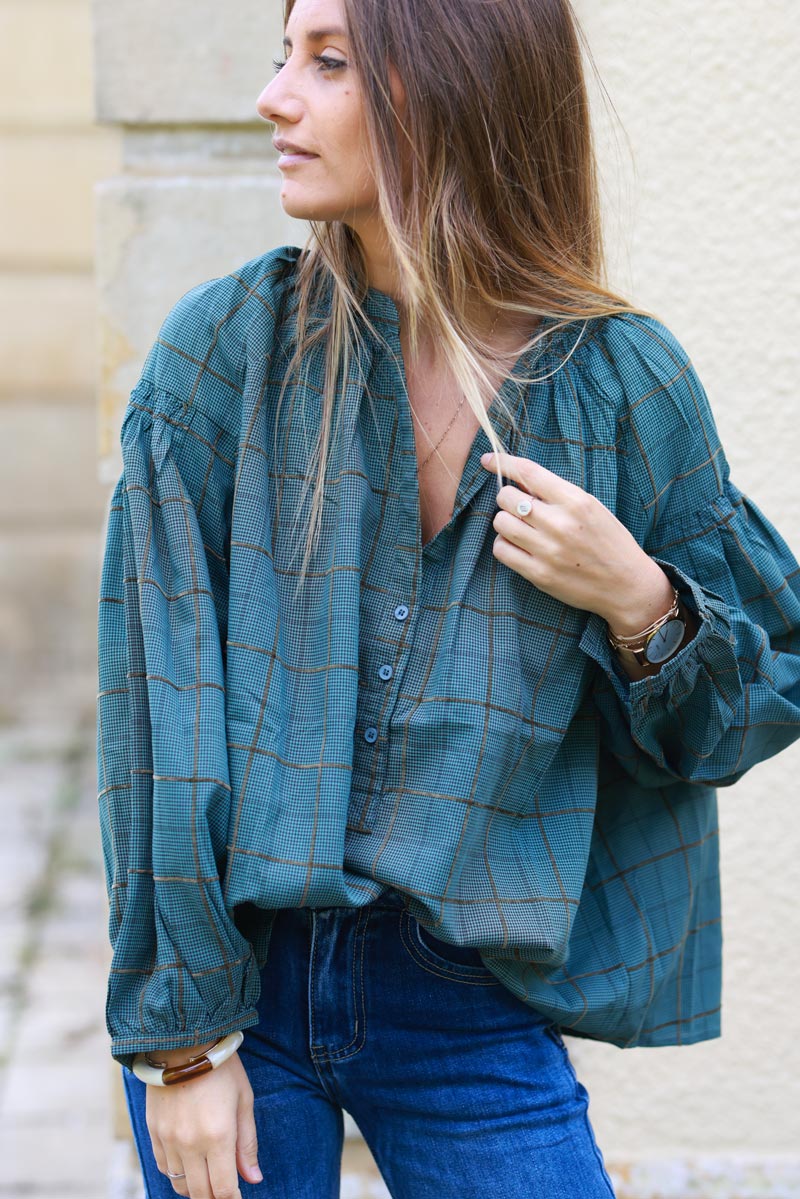 Miley Peacock blue Plaid Puff-Sleeve Blouse