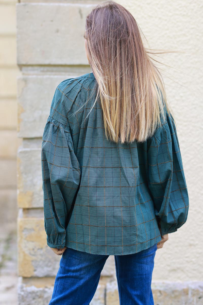 Miley Peacock blue Plaid Puff-Sleeve Blouse