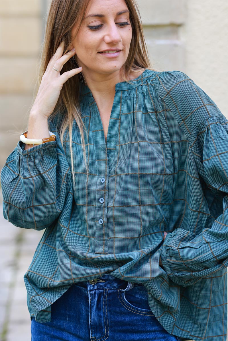 Miley Peacock blue Plaid Puff-Sleeve Blouse