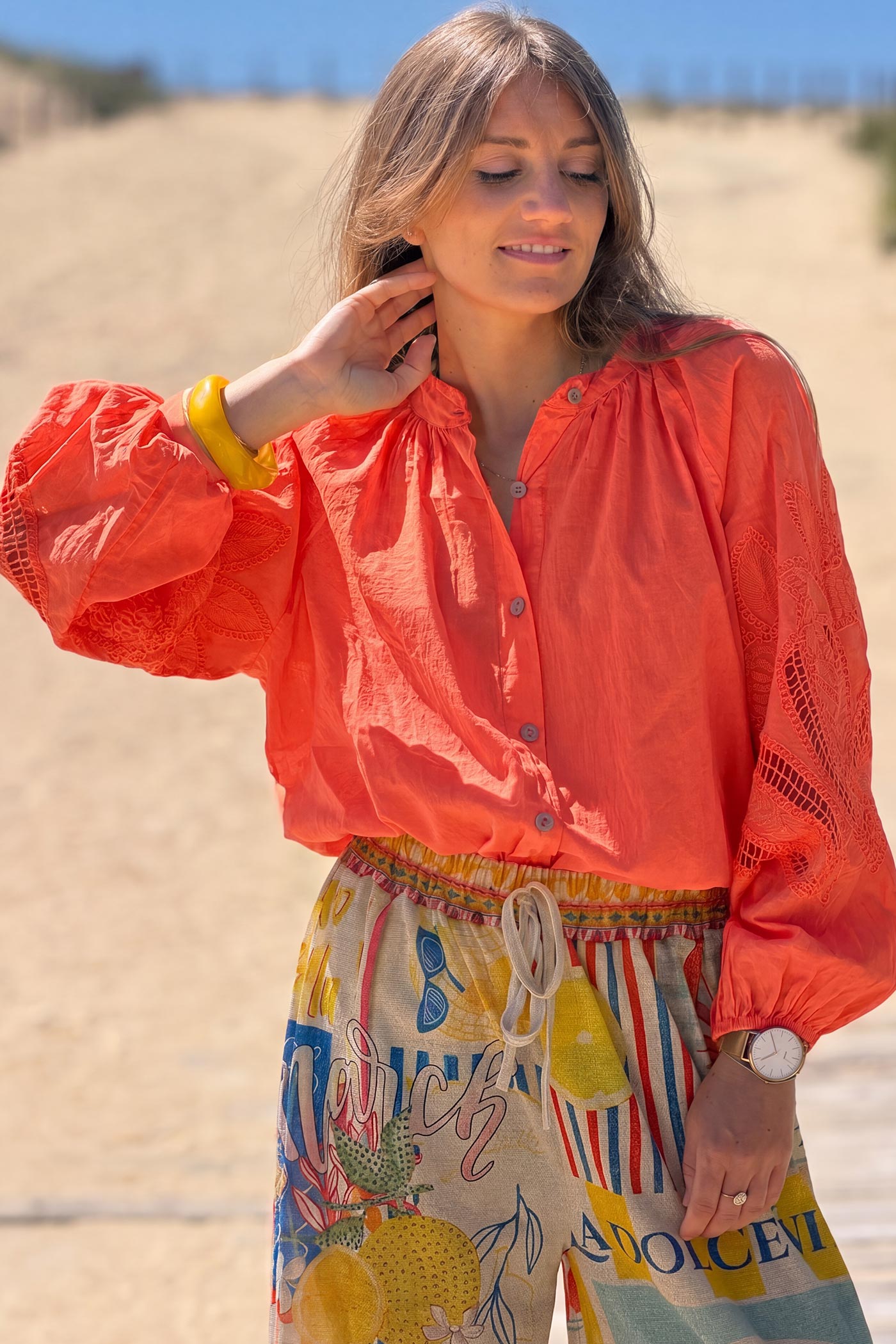 Coral Lotus Sleeve Poplin Blouse