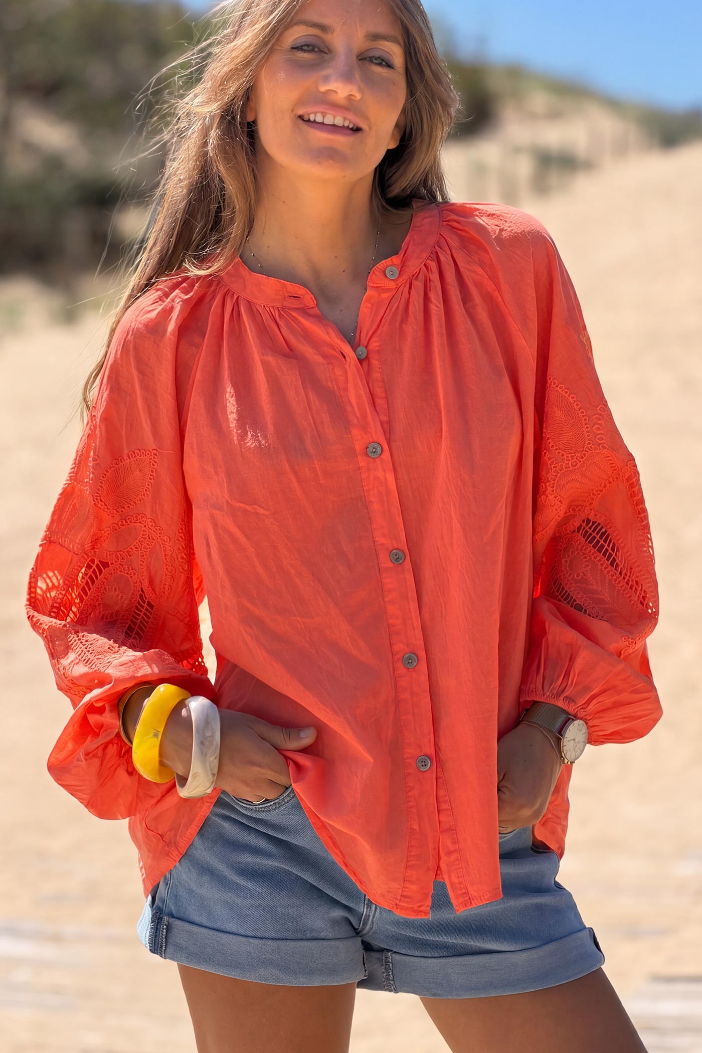 Coral Lotus Sleeve Poplin Blouse