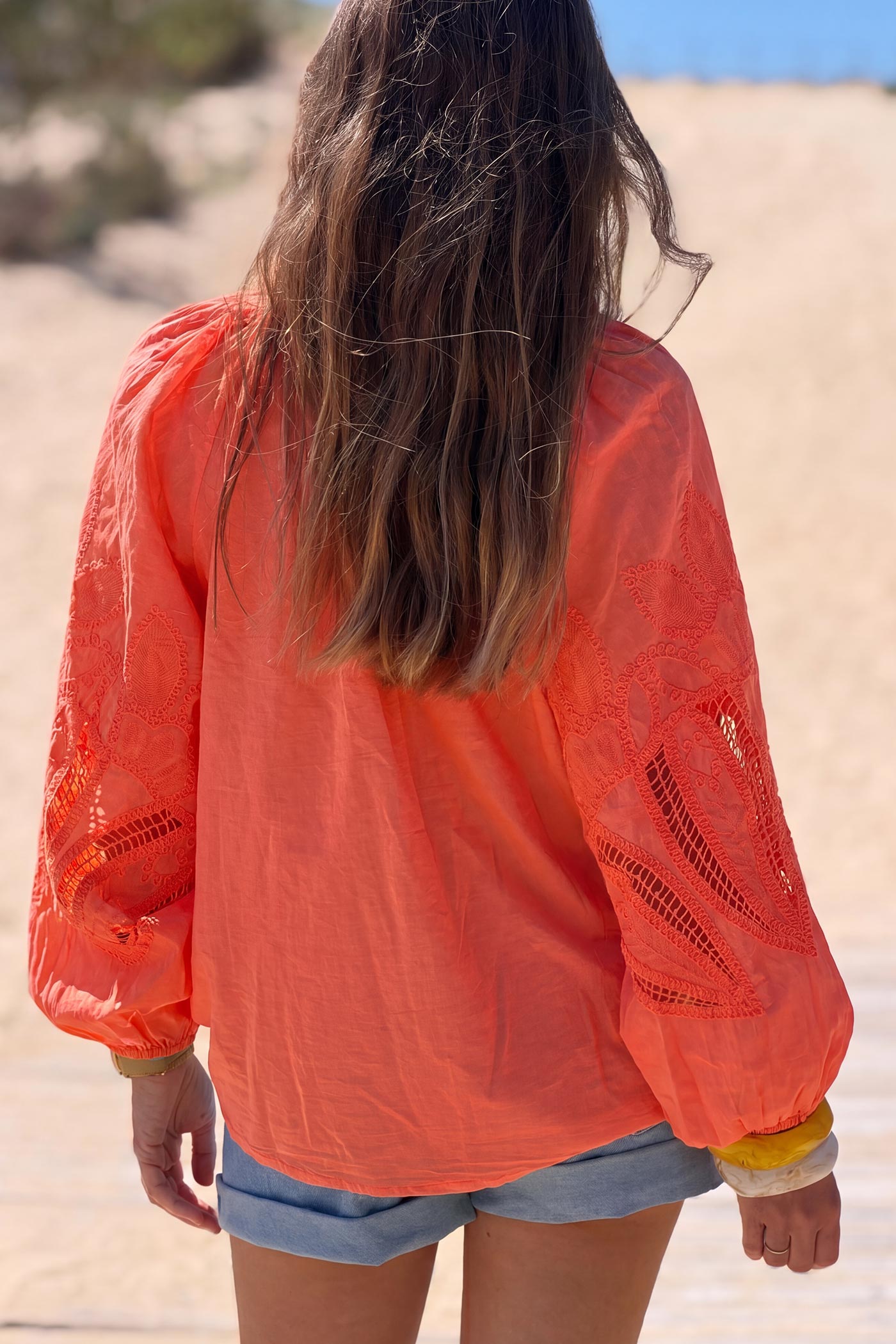 Coral Lotus Sleeve Poplin Blouse