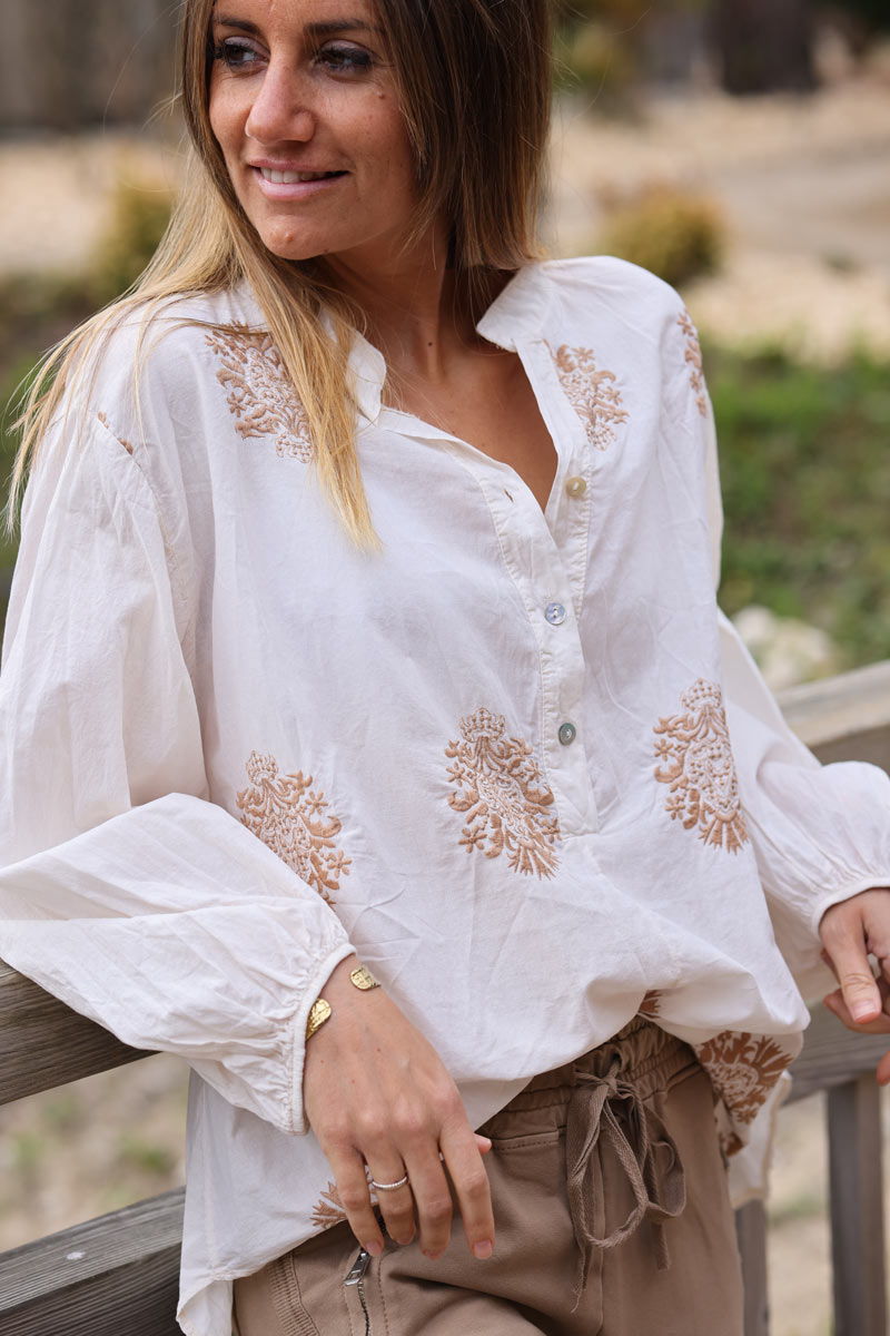 Ecru notch v-neck tunic blouse camel oriental embroidery