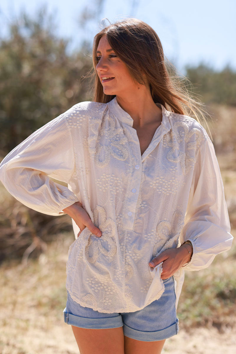 Cream Gauze Boucle Embroidered Blouse