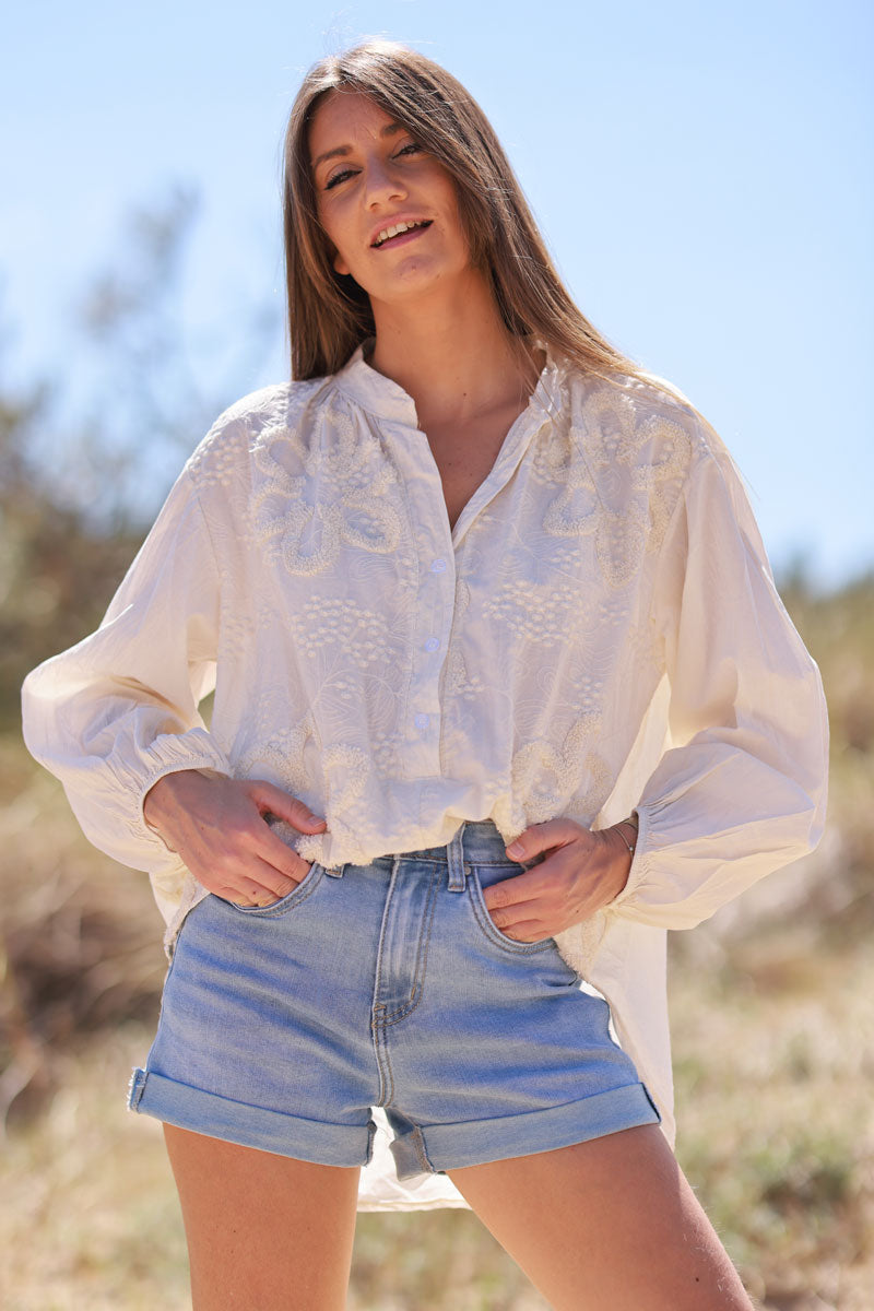Cream Gauze Boucle Embroidered Blouse