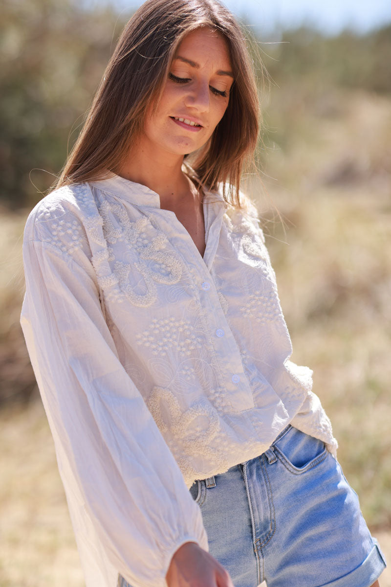 Cream Gauze Boucle Embroidered Blouse