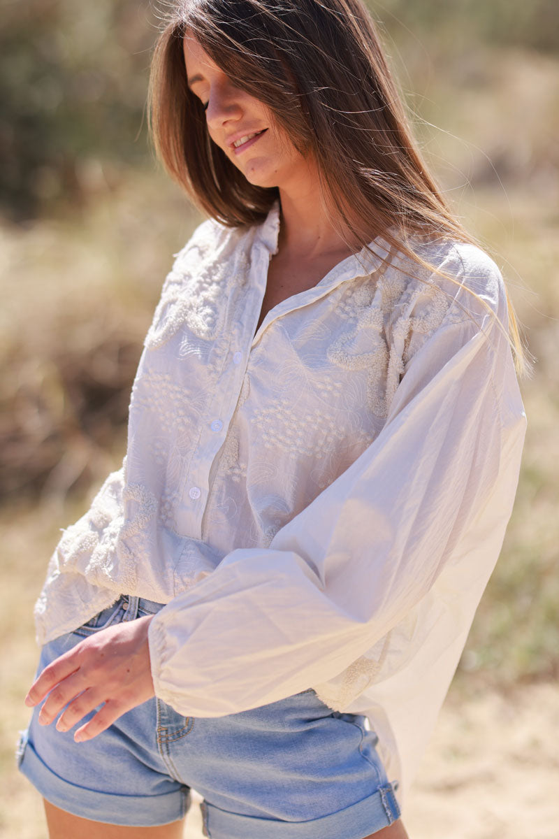 Cream Gauze Boucle Embroidered Blouse