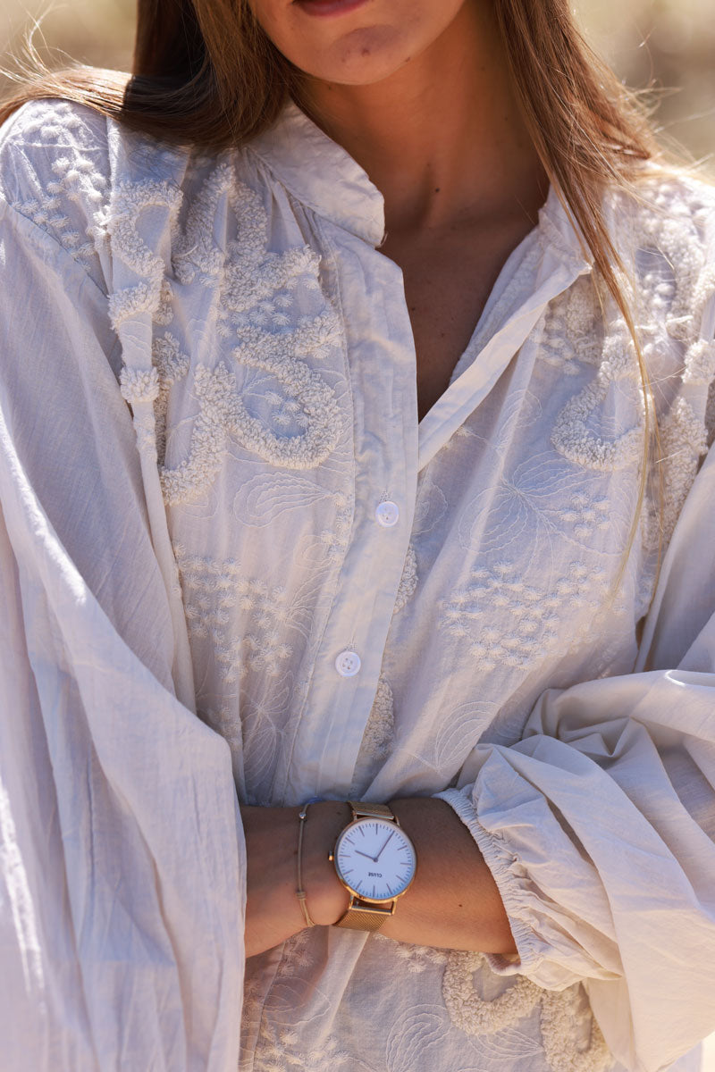 Cream Gauze Boucle Embroidered Blouse