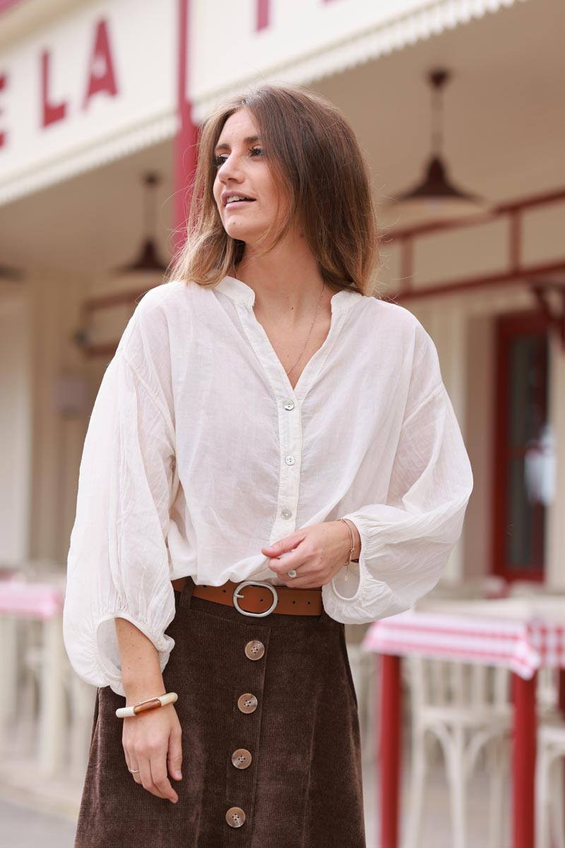 Ecru lightweight cotton blouse with mother of pearl button collar