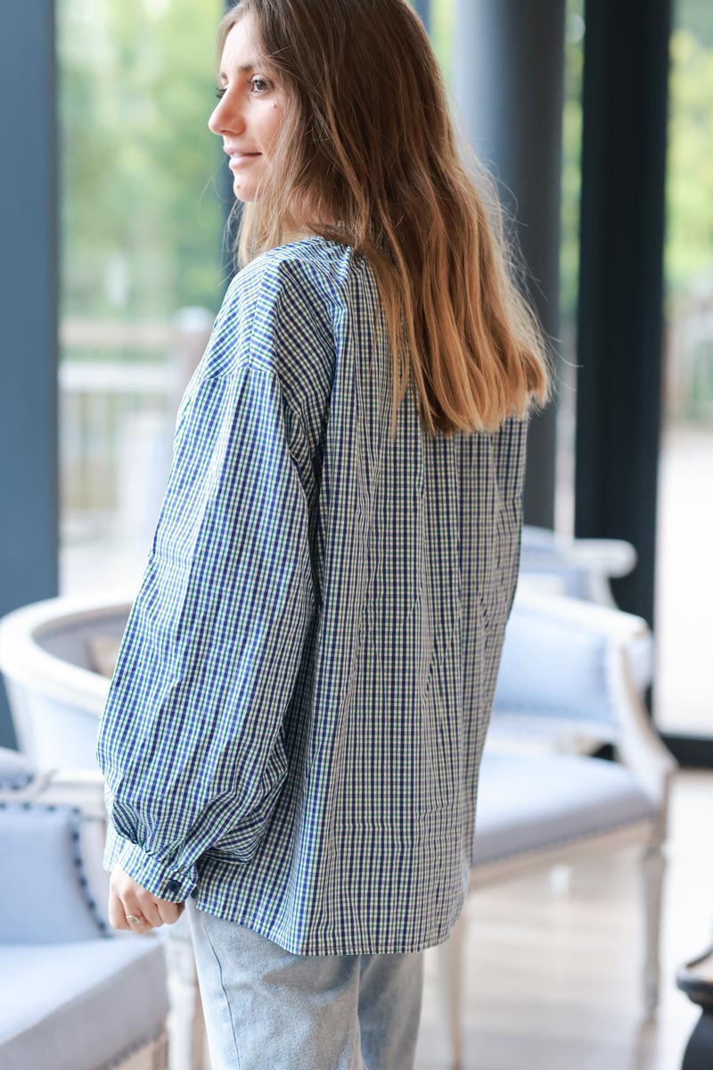 Navy and Green Plaid Cotton Button-Down Blouse