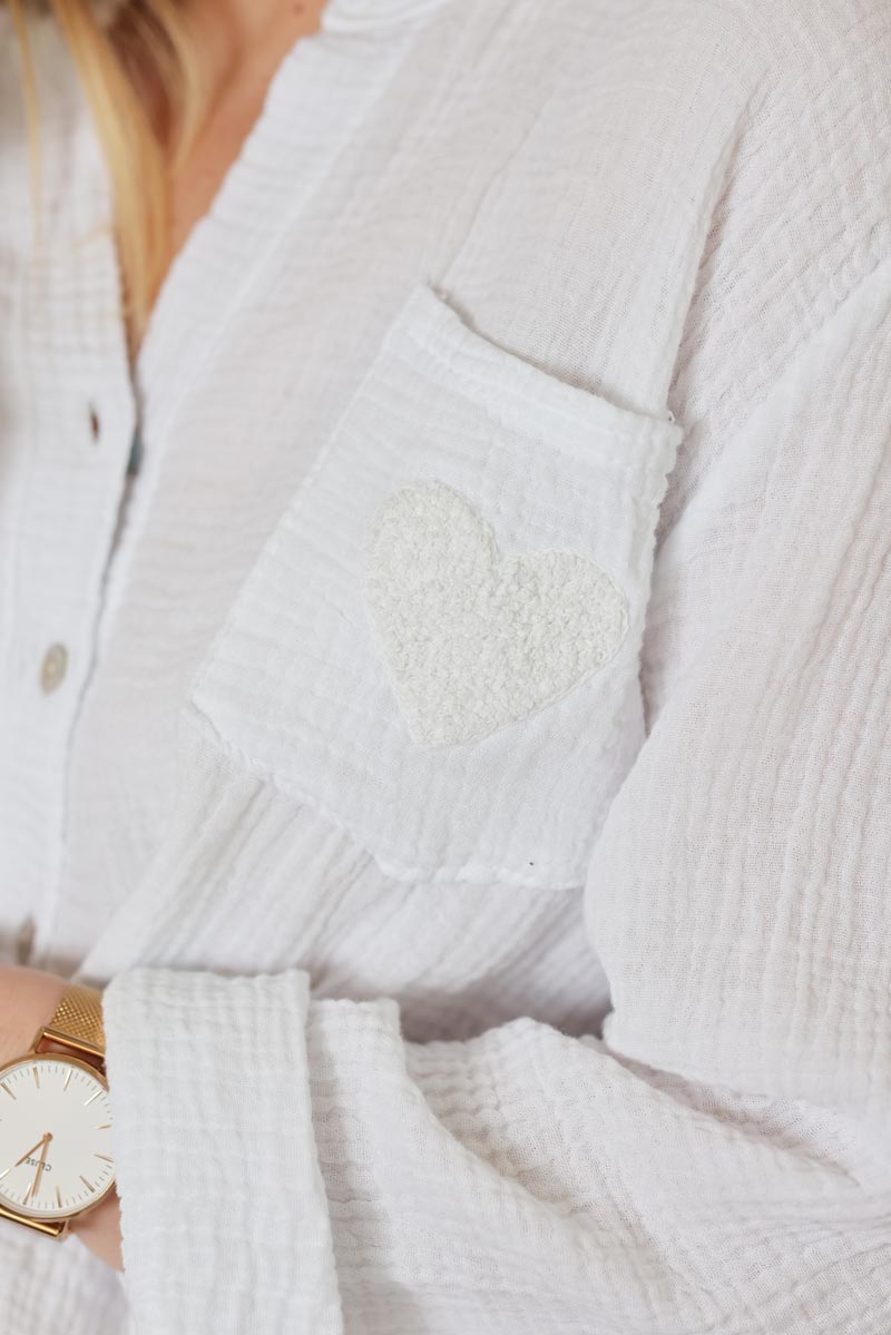 White crinkle gauze cotton tunic with heart detail