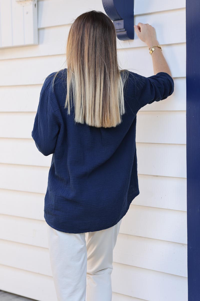 Navy blue crinkle gauze cotton tunic with heart detail