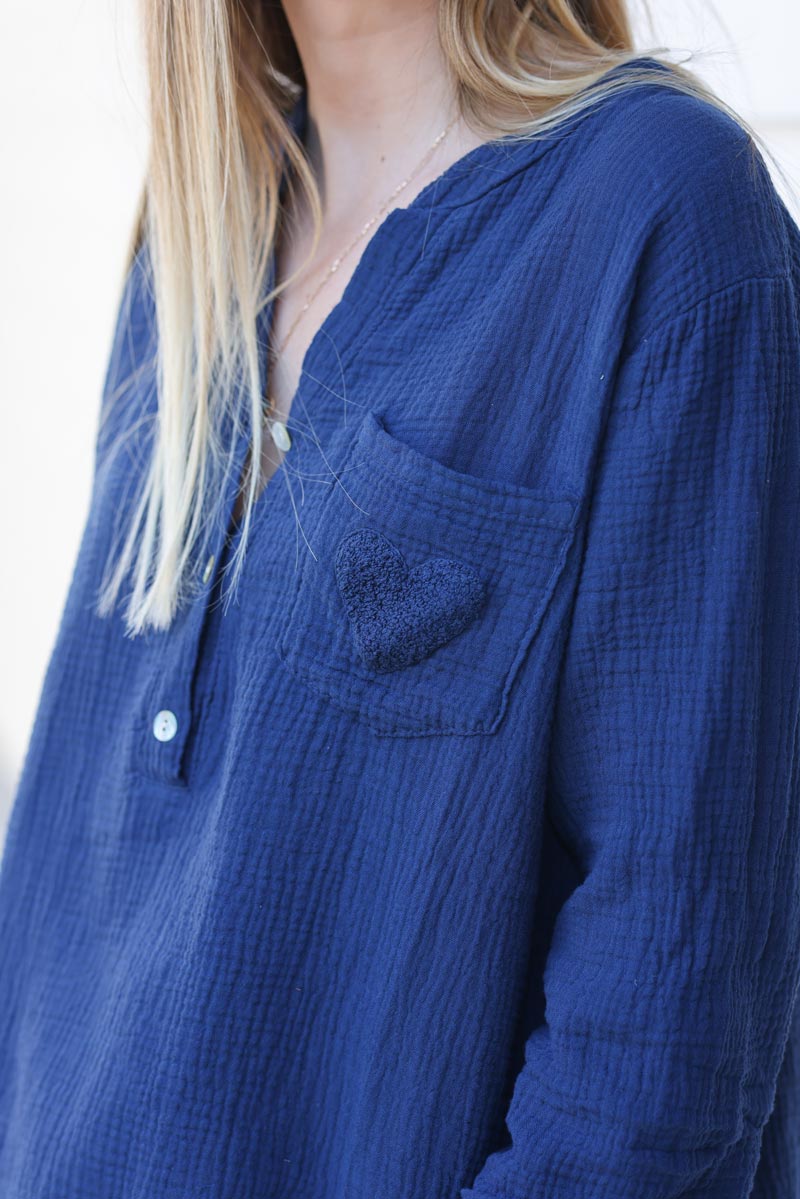Navy blue crinkle gauze cotton tunic with heart detail