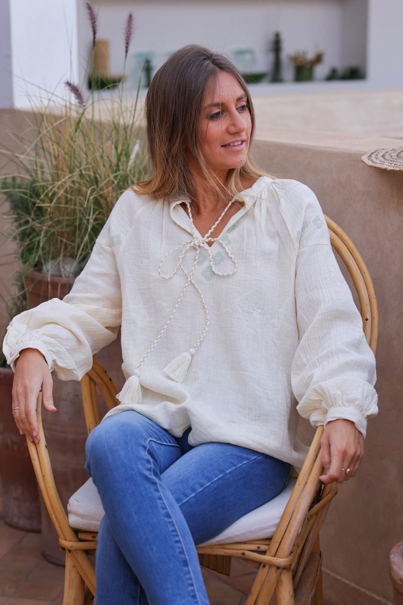 Cream crinkle cotton gauze blouse with flower embroidery and tassel ties