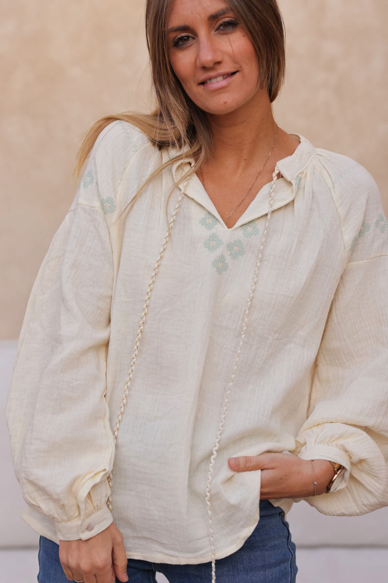 Cream crinkle cotton gauze blouse with flower embroidery and tassel ties