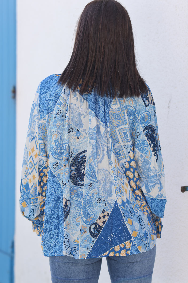 Royal blue paisley print blouse with elasticated frill collar